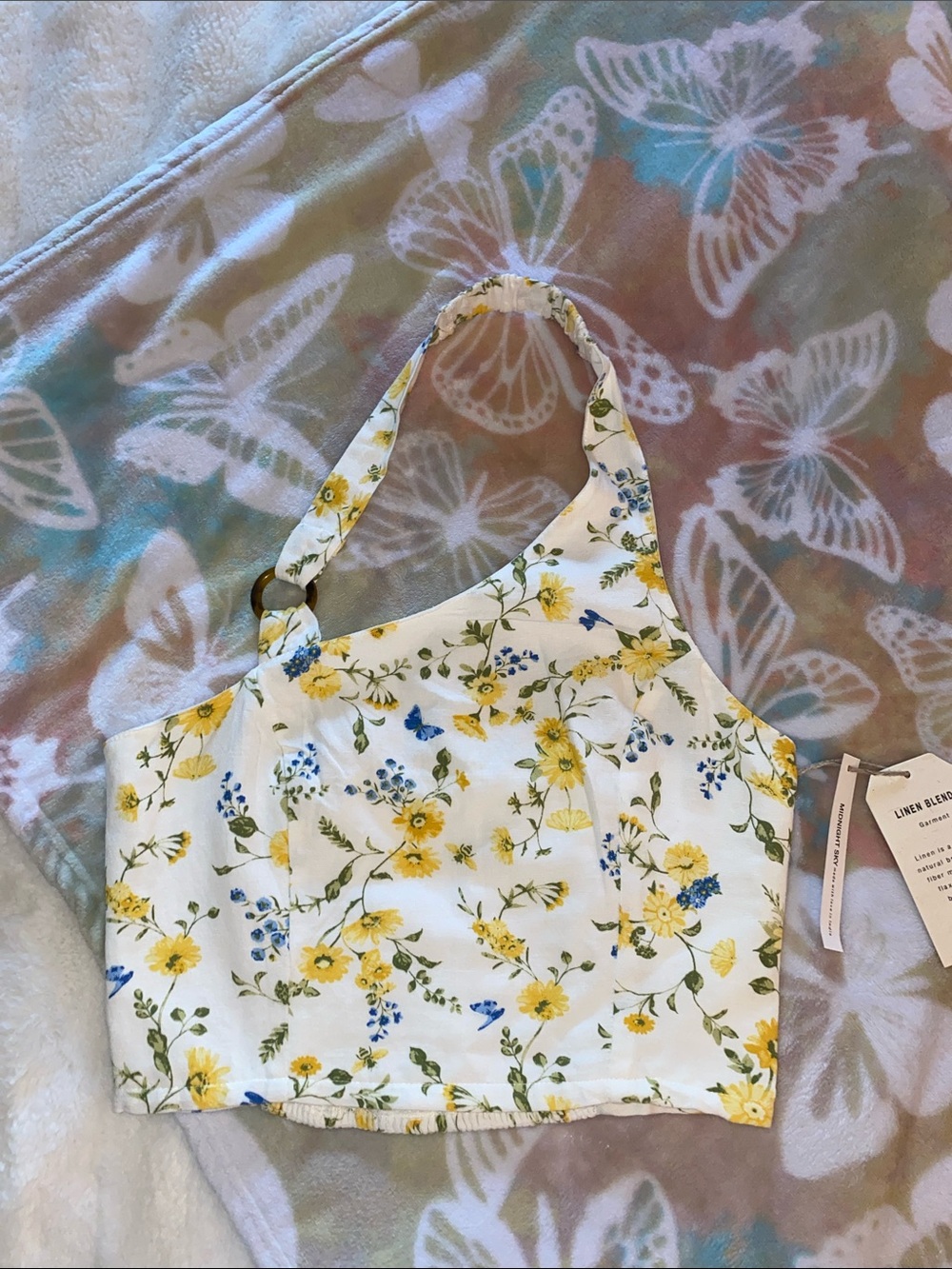 White Floral One-Shoulder Crop Top with Yellow & Blue Flowers